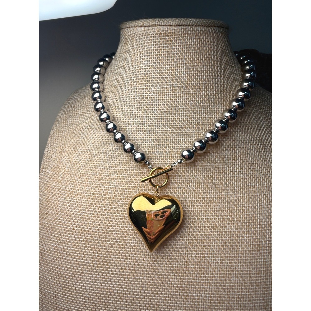 Mixed Metal Silver Gold Tone Puffed Heart Pendant Toggle Bead Necklace 80s Glam